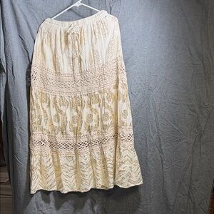 Bohemian Cream Maxi Skirt with Lace Accents
